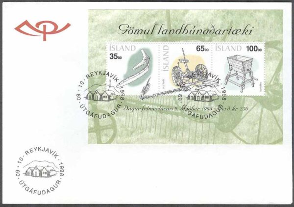 Island - FDC 1998-10-09 - Frimärkets Dag 1998 - Redskap bla Lie, Block Vinjett 1