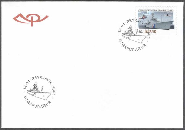 Island - FDC 2001-01-18 - Kustbevakningen 75 år - Flyg & Fartyg, 1 kpl Vinjett 1