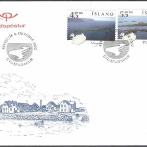 Island – FDC 2002-10-09 – Öar II – Vigur & Flatey – Kartor, 2 kpl Vinjett 1
