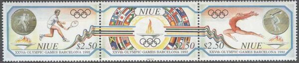 Niue - M  793-795 OS i Barcelona 1992 bla Tennis - Mynt, 3-strip kpl **