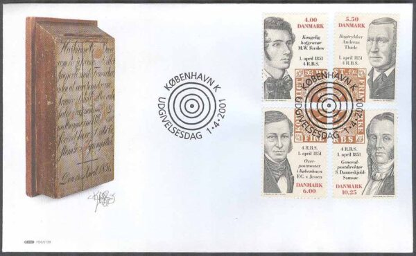 Danmark - FDC 2001-04-01 - Danmarks frimärken 150 år, 4 kpl Vinjett 1