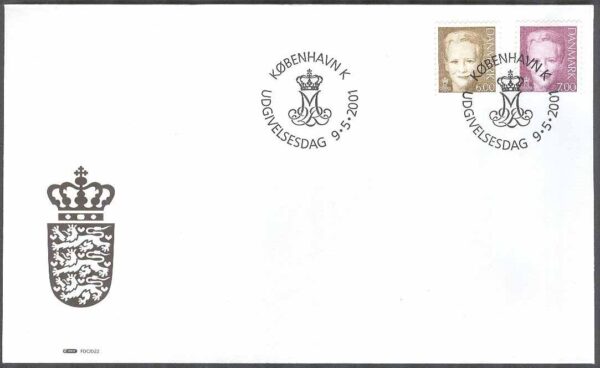 Danmark - FDC 2001-05-09 - Drottning Margrethe. Typ V, 2 kpl Vinjett 1