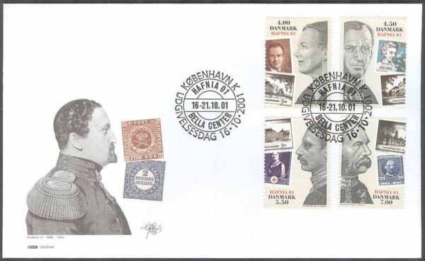 Danmark - FDC 2001-10-16 - HAFNIA 01 - Kungligheter, 4 kpl Vinjett 1