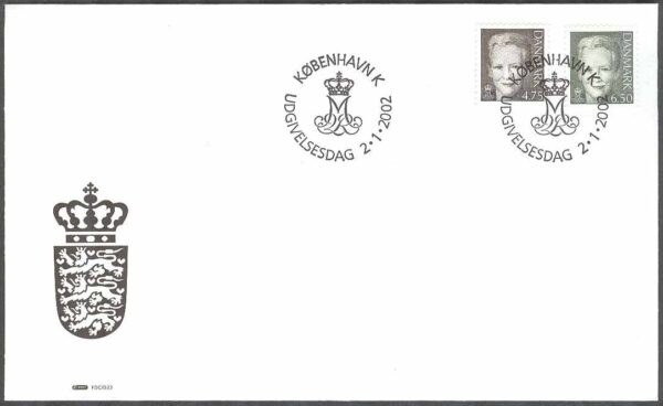 Danmark - FDC 2002-01-02 - Drottning Margrethe. Typ V, 2 kpl Vinjett 1