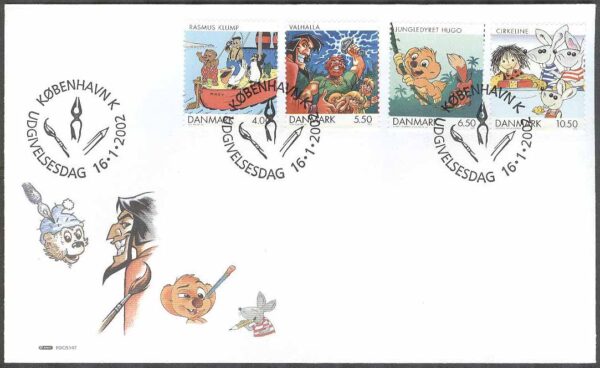 Danmark - FDC 2002-01-16 - Tecknade serier och film, 4 kpl Vinjett 1