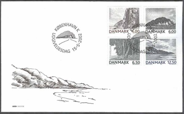 Danmark - FDC 2002-05-15 - Landskap bla Bornholm, 4 kpl Vinjett 1