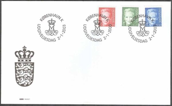 Danmark - FDC 2003-01-02 - Drottning Margrethe. Typ V, 3 kpl Vinjett 1