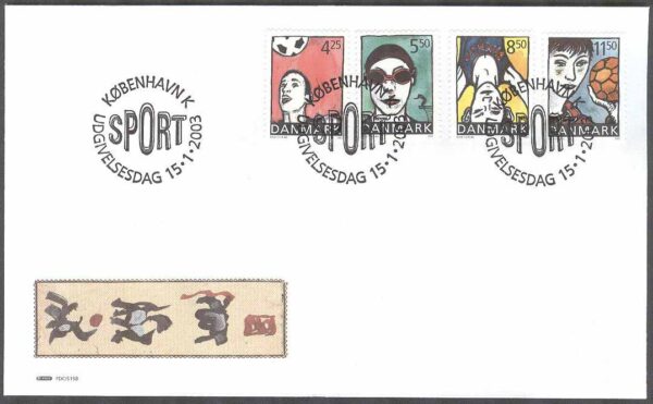 Danmark - FDC 2003-01-15 - Sport och Ungdom bla Fotboll, 4 kpl Vinjett 1
