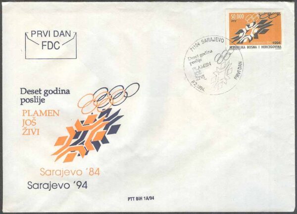 Bosnien-Hercegovina - FDC 1994-02-08 - OS i Sarajevo 1984 10 år Emblem, 1 kpl