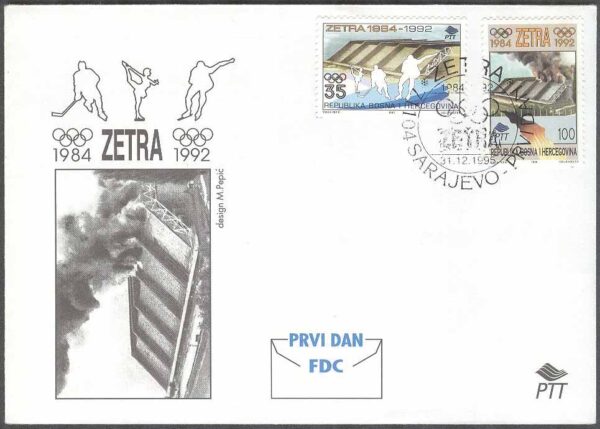 Bosnien-Hercegovina - FDC 1995-12-31 - Sport bla Brand i Olympiastadion 1992, 2 kpl