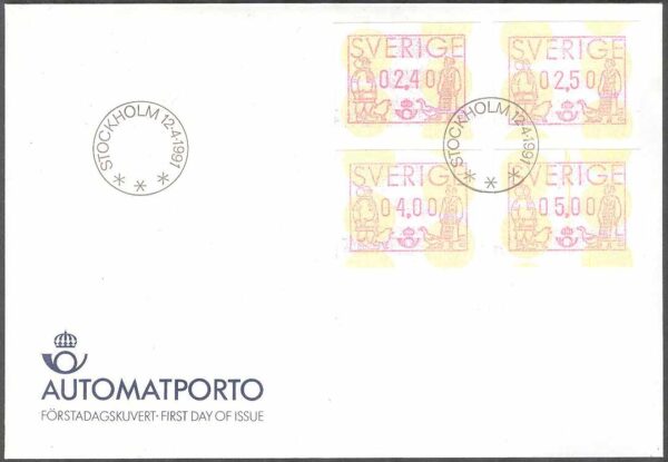 Sverige - FDC 1991-04-12 - Frankeringsetiketter, 4 kpl Vinjett 1