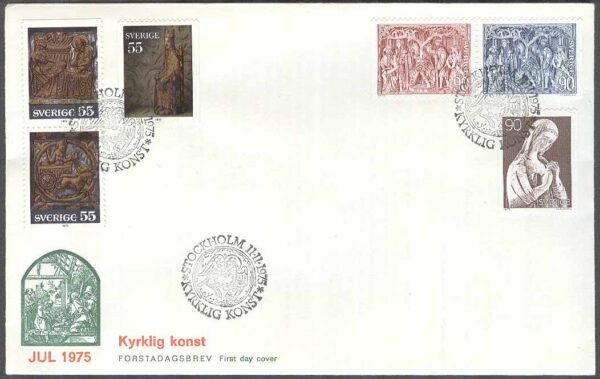 Sverige - FDC 1975-11-11 - Kyrklig konst, 6 kpl Vinjett 1