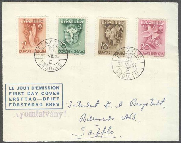 Ungern - FDC kort 1939-07-25 - 1:a fredsträffen för Scouter, kpl