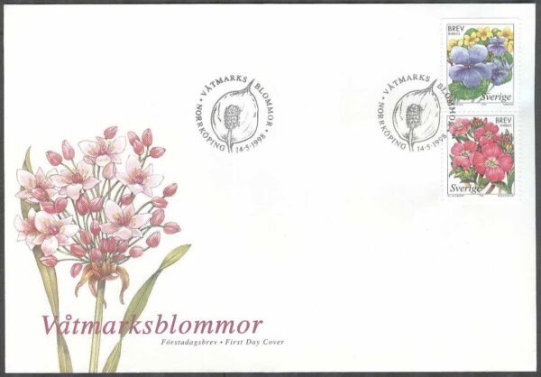 Sverige - FDC 1998-05-14 - Våtmarksblommor, par kpl Vinjett 1