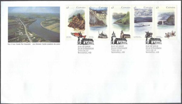 Kanada - FDC 1993-08-10 - Vattetenvägar III - Landskap, 5-strip
