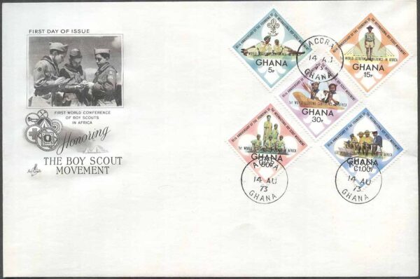 Ghana - FDC 1973-08-14 - Scoutingkonferens i Nairobi 1973 - Påtryck, 5 kpl