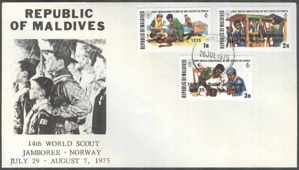 Maldiverna - FDC 1975-07-26 - Scouting - Träff i Norge 1975 - Påtryck, 3 kpl