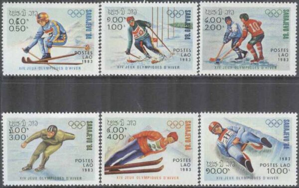 Laos - M  661-666 OS i Sarajevo 1984 bla Ishockey & Backhoppning, 6 kpl **