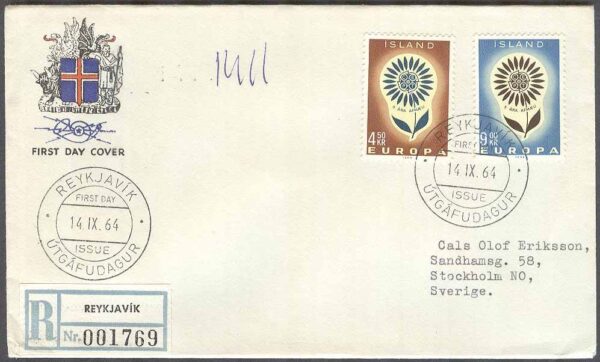 Island - FDC 1964-09-14 - Europa CEPT 1964, 2 kpl Vinjett 1 REK+Adressat