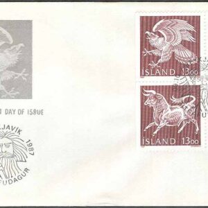 Island – FDC 1987-10-09 – Landvättarna i Islands vapen, 4-Block Vinjett 3