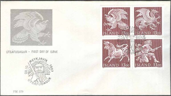 Island - FDC 1987-10-09 - Landvättarna i Islands vapen, 4-Block Vinjett 3