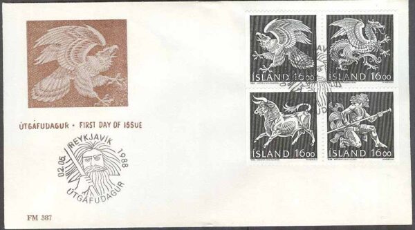 Island - FDC 1988-05-02 - Landvättarna i Islands vapen, 4-Block Vinjett 3