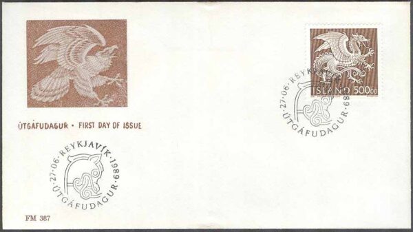 Island - FDC 1989-06-27 - Landvättarna i Islands vapen, märke Vinjett 3