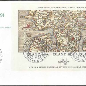 Island – FDC 1990-10-09 – Frimärksutställ Nordia 91 II – Karta – Båtar, Block Vinjett 3