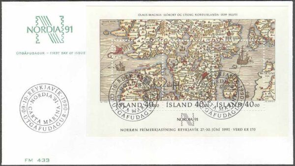Island - FDC 1990-10-09 - Frimärksutställ Nordia 91 II - Karta - Båtar, Block Vinjett 3