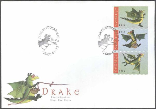 Sverige - FDC 2000-01-13 - Drake, 3-strip kpl Vinjett 1