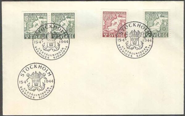 Sverige - FDC 1944-04-15 - Sveriges Sjökarta 300 år, 4 kpl