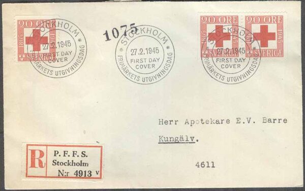 Sverige - FDC 1945-02-27 - Röda Korset 80 år, 3 kpl REK + Adressat