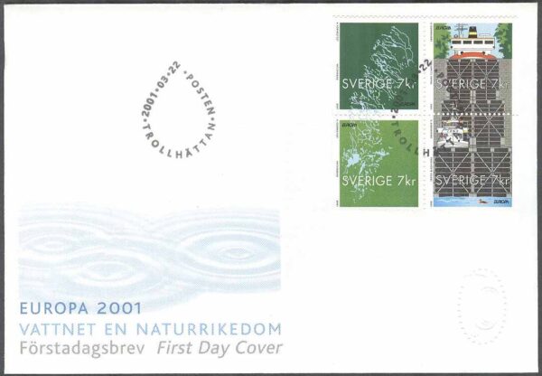 Sverige - FDC 2001-03-22 - Europa CEPT 2001 Vattenvägar, HBL kpl Vinjett 1