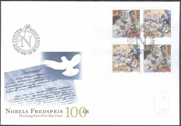 Sverige - FDC 2001-08-16 - Nobels fredspris 100 år, 4 kpl Vinjett 1