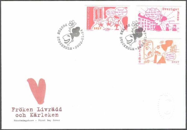 Sverige - FDC 2002-01-24 - Fröken Livrädd och kärleken, 2 kpl Vinjett 1