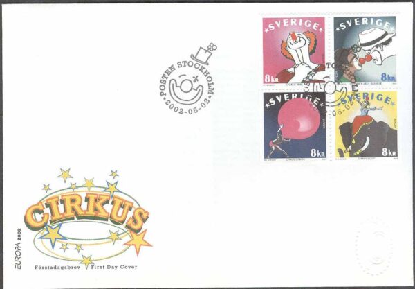 Sverige - FDC 2002-05-02 - Europa CEPT 2002 Cirkus, 4-Block kpl Vinjett 1
