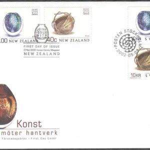 Sverige – FDC 2002-05-02 – Glaskonst & Maorihantver, par kpl +Nya Zeeland Vinjett 1