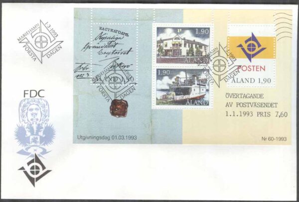Åland - FDC 1993-03-01 - Båt - Bilfärja - Eget Postverk, Block Vinjett 1