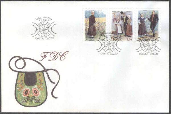 Åland - FDC 1993-06-01 - Folkdräkter från bla Saltvik, 3 kpl Vinjett 1