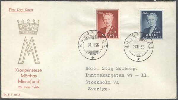 Norge - FDC 1956-03-28 - Kronprinsessan Märta, 2 kpl Vinjett 2 Adressat