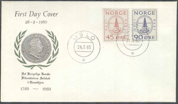 Norge - FDC 1960-02-26 - Vetenskapssällskapet, 2 kpl Vinjett 4