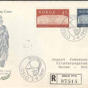 Norge – FDC 1961-09-02 – Oslo Universitet 150 år, 2 kpl Vinjett 7 REK+Adressat