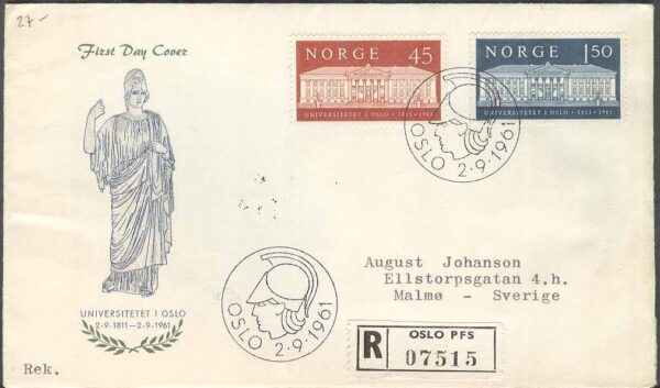 Norge - FDC 1961-09-02 - Oslo Universitet 150 år, 2 kpl Vinjett 7 REK+Adressat