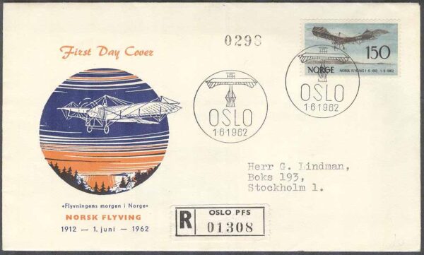 Norge - FDC 1962-06-01 - Norsk flygning 50 år - Flygplan, 1 kpl Vinjett 6 REK+Adressat