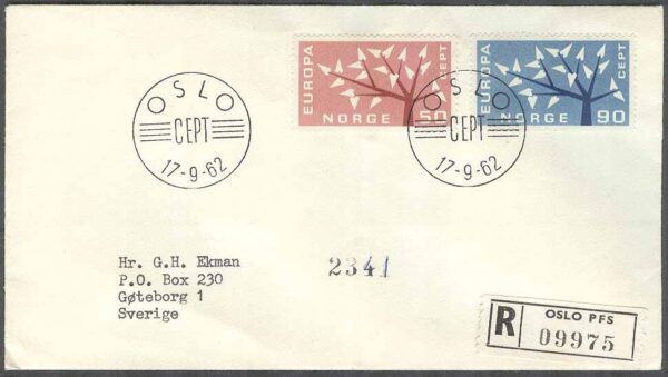 Norge - FDC 1962-09-17 - Europa CEPT 1962, 2 kpl REK+Adressat