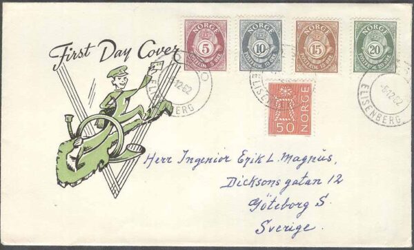 Norge - FDC 1962-12-05 - Posthorn - Sjömansknop, 5 kpl Vinjett 6 Adressat