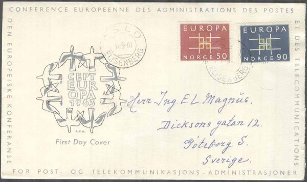 Norge - FDC 1963-09-14 - Europa CEPT 1963, 2 kpl Vinjett 7 Adressat