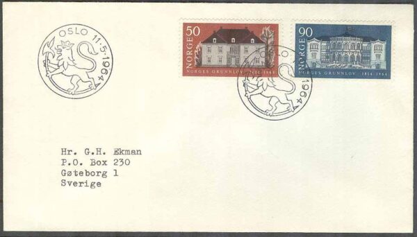 Norge - FDC 1964-05-11 - Eidsvoldsförsamlingen 150 år, 2 kpl Adressat