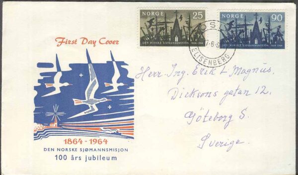 Norge - FDC 1964-08-17 - Norska Sjömansmissionen 100 år, 2 kpl Vinjett 7 Adressat