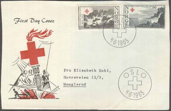 Norge - FDC 1965-06-04 - Norska Röda Korset 100 år, 2 kpl Vinjett 4 Adressat
